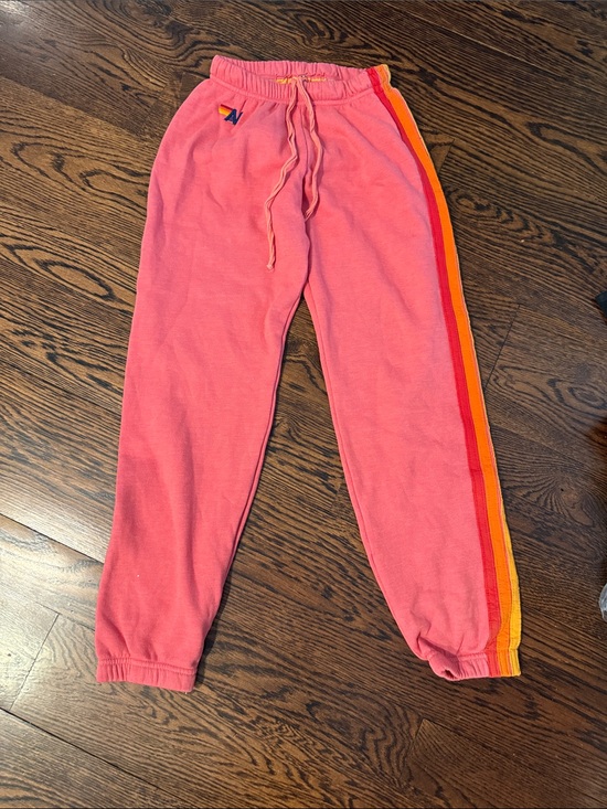 Aviator Nation Pants - Aviator Nation Pink Sweatpants with Orange & Red Side Stripes